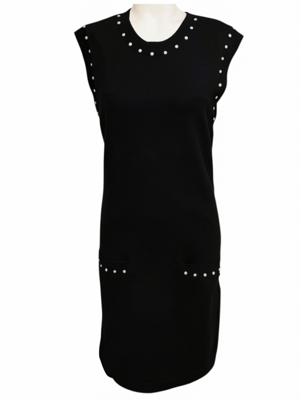 CHANEL BLACK FAUX PEARL EMBELLISHED COTTON AND CASHMERE KNIT DRESS WITH CC LOGO
